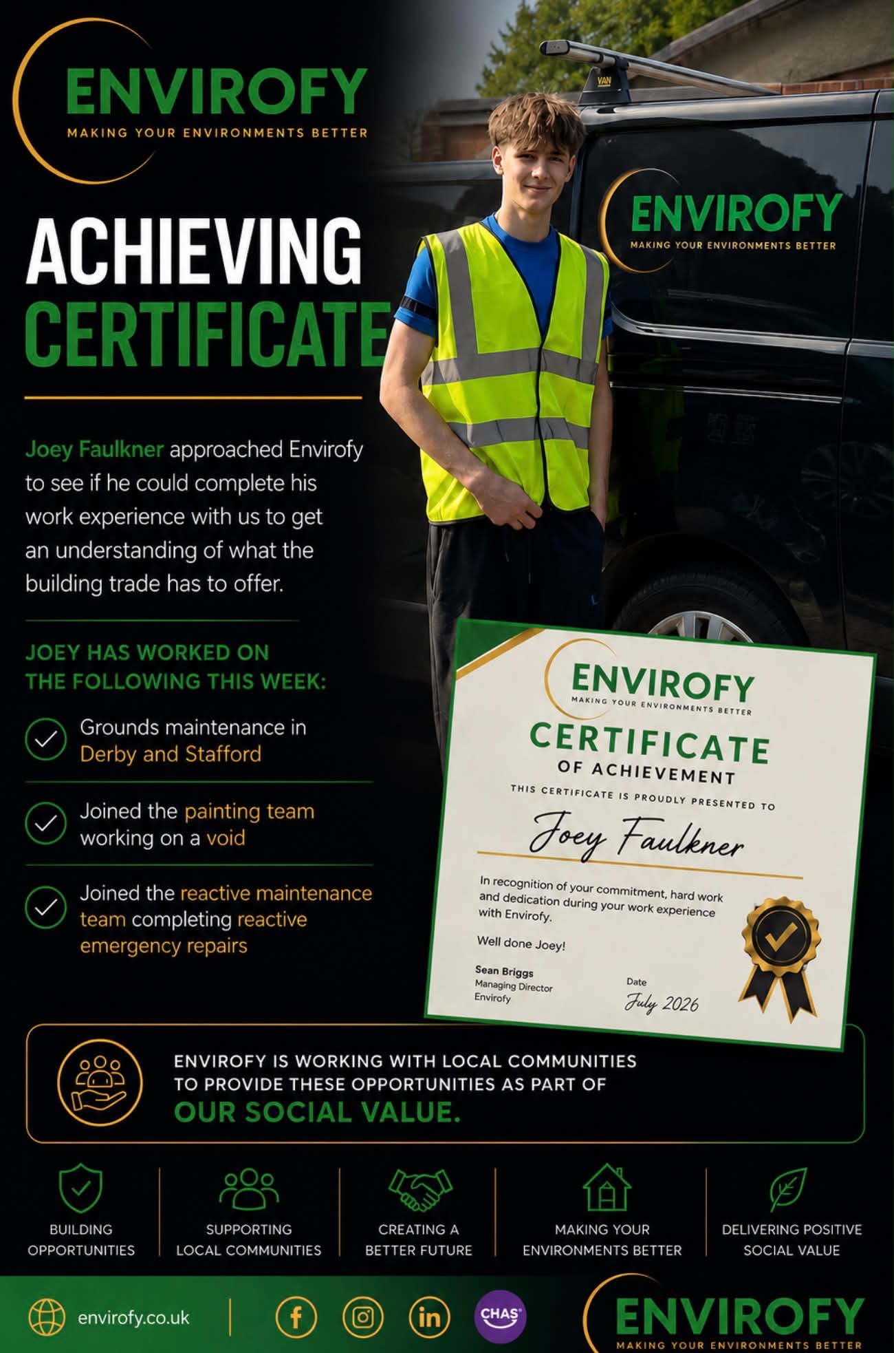 Joey receiving his certificate of achievement after work experience with Envirofy